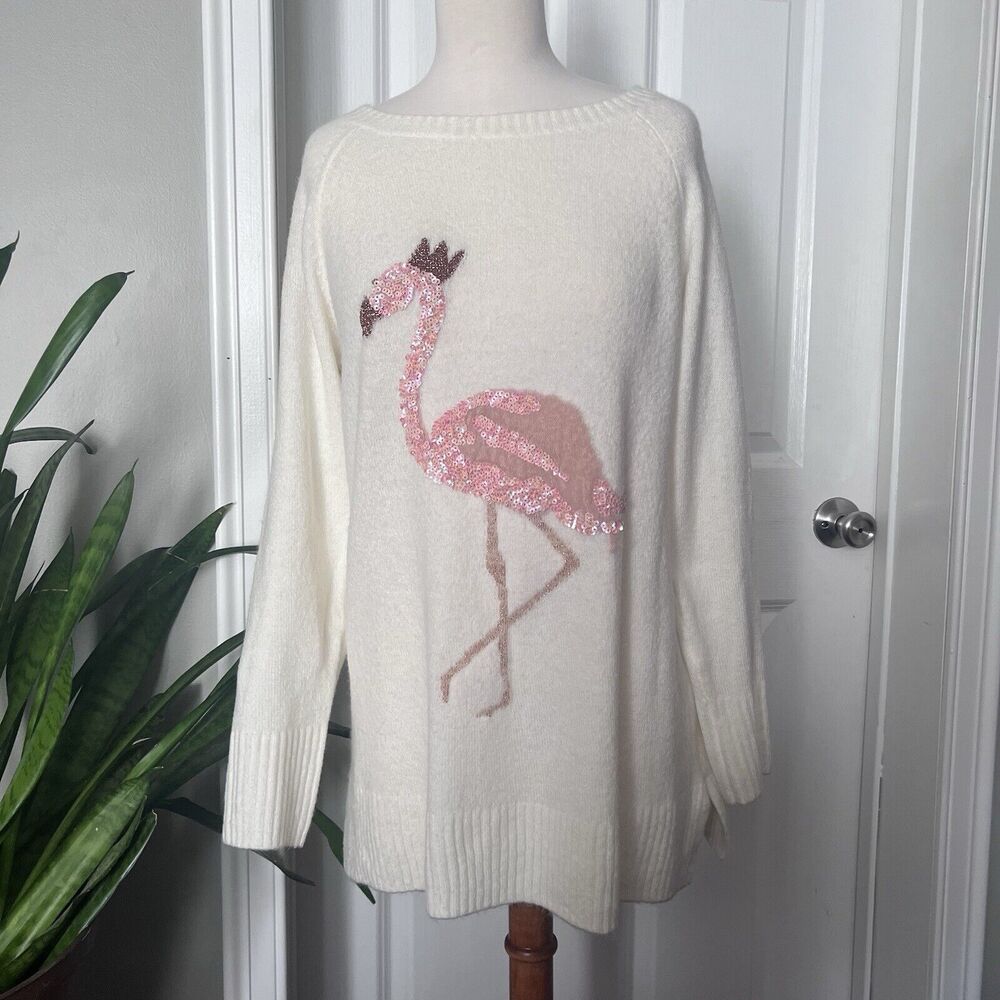 Lauren Conrad Sweater Medium Sequin Flamingo White Crewneck Split Sides Bling
